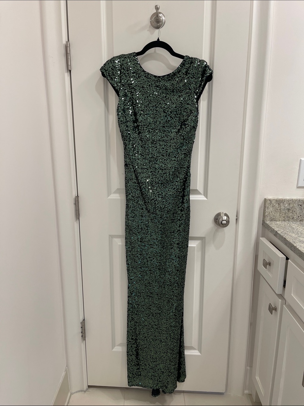 Badgley Mischka Sequined Emerald Maxi Dress with Cap Sleeves
